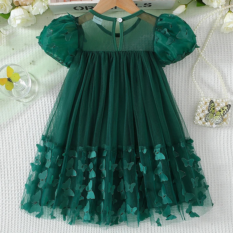 3-8Y Kid Girl Tulle Dress 3D Butterfly Short Sleeve Square Neck Mesh A-Line Dress for Spring Summer