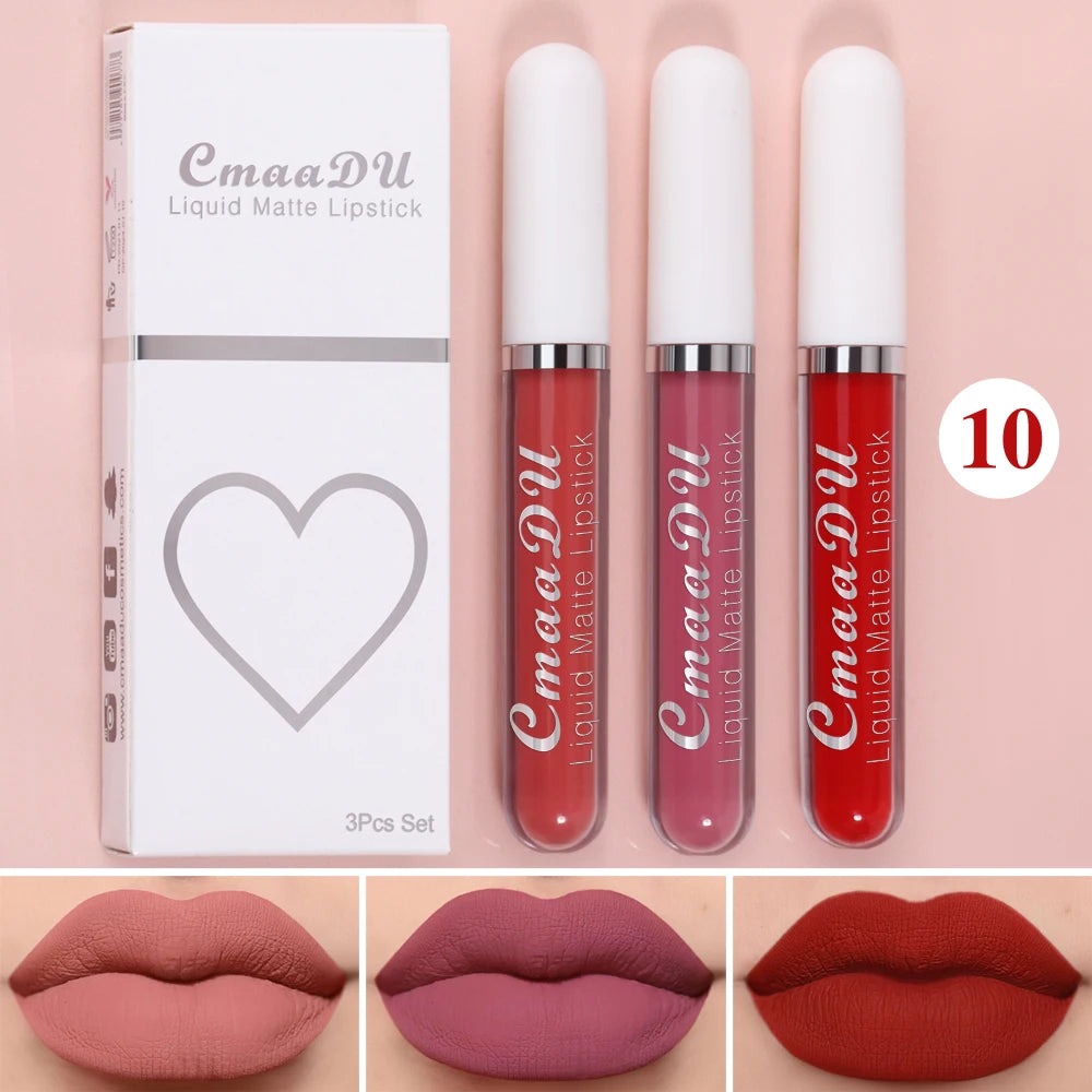 Cmaadu 3-Piece Matte Lipstick and Lip Gloss Set - Waterproof
