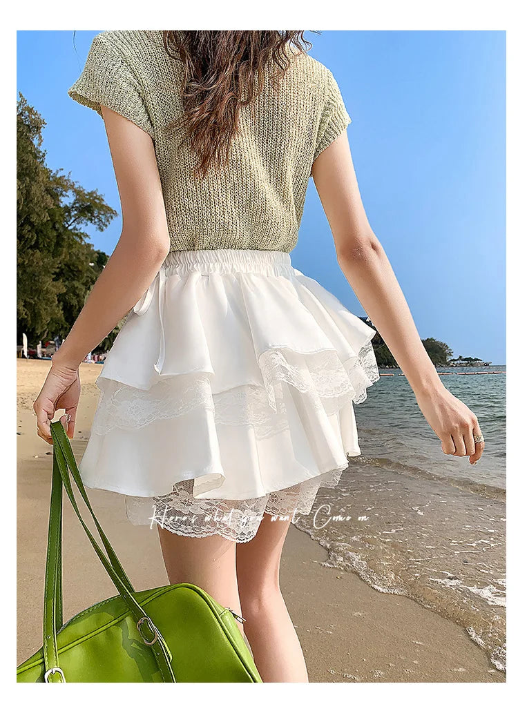 Black Patchwork Lace Short Women Cake Skirt With Lace Up High Waist Preppy Style Cute Ball Gown Kawaii Skirts Girls