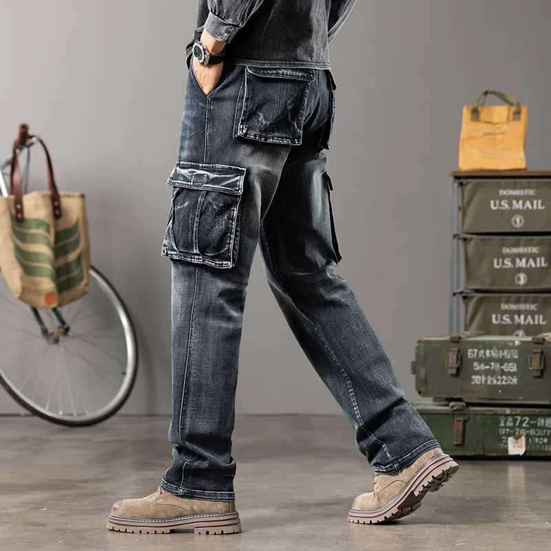 Autumn And Winter New Styles Men'S Outdoor Wide Leg Workwear Multi-Pocket Jeans Straight Fit Plus Size Men'S Jeans 42 44