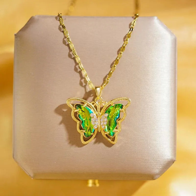 (Titanium Steel) Gorgeous and Stylish Hollow Titanium Steel Butterfly Necklace with Crystal Drop Decoration for Women