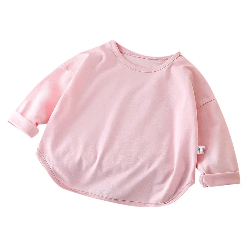 Children Simple Casual Long Sleeves T-shirt Kid Cotton Tops Unique Tees Autumn Spring Boy Girl Baby O-neck Solid Bottoming Shirt