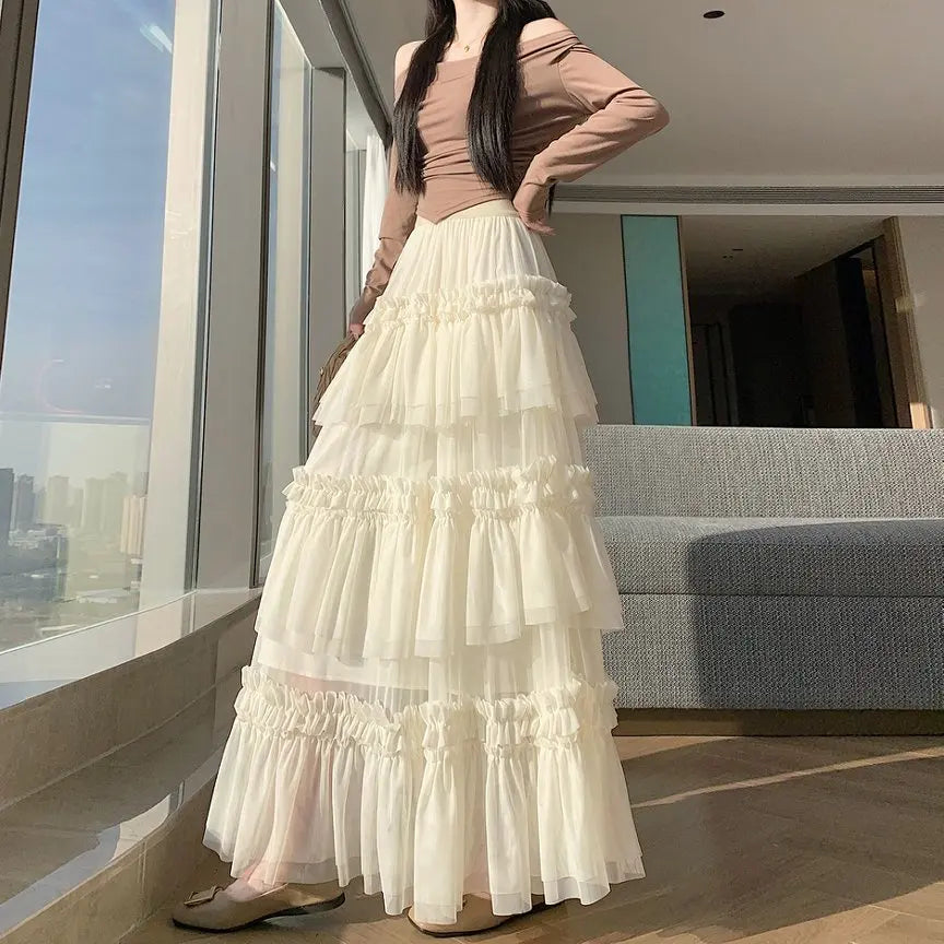Qiukichonson Midi Long Skirt Women Patchwork Mesh Lolita Spring Summer High Waisted High Low Ruched Ruffles Ball Gown Skirt rok
