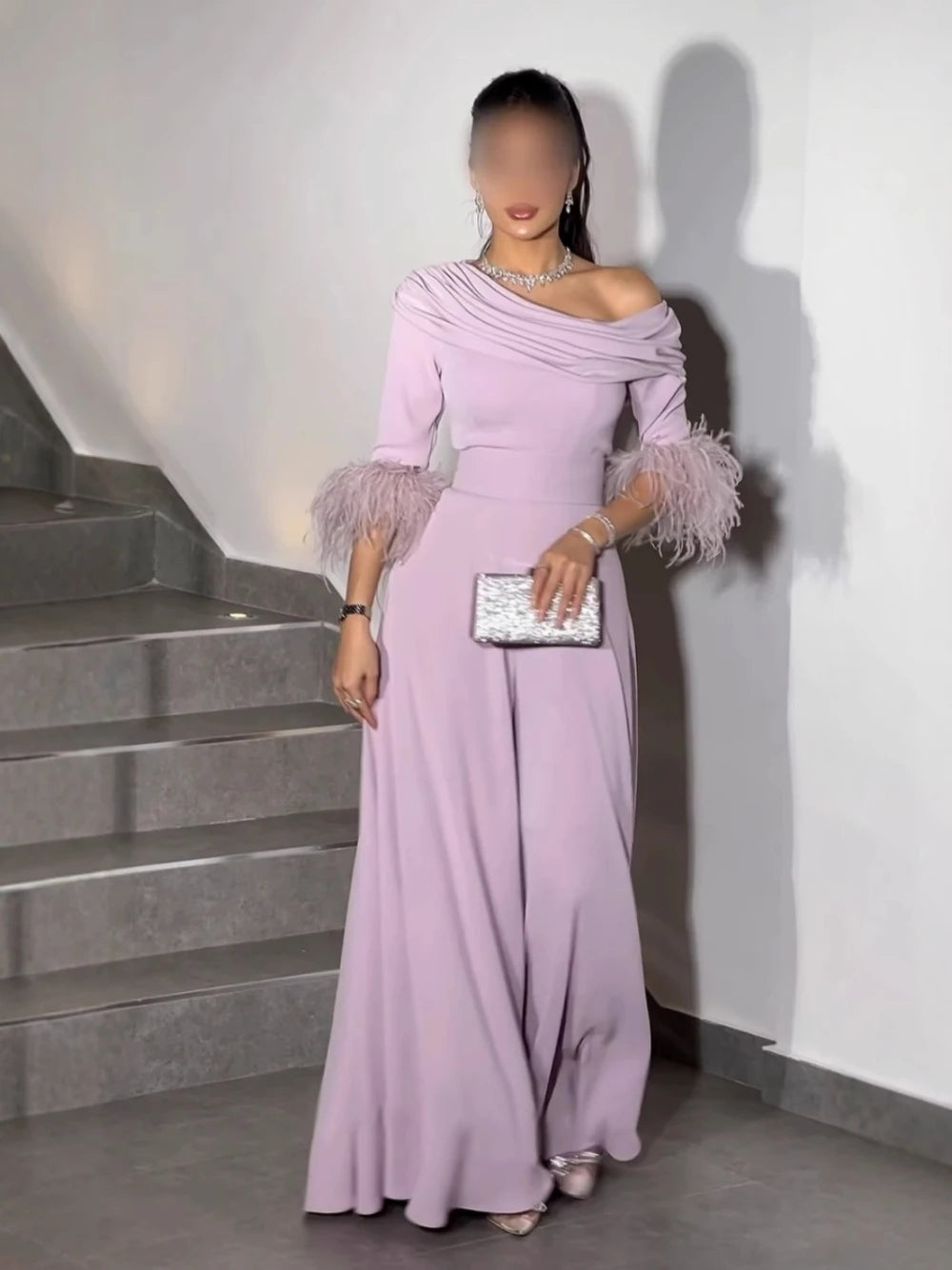 Loose Elegant Jumpsuit Feathered Pleated Chiffon S-2XL Fashionable Party Gown For Women Fast Shipping Off Shoulder Prom Wear