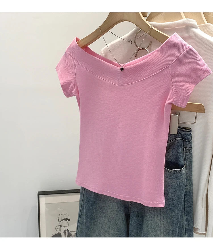 Pink Shoulder Bared Short Sleeve T Shirt Women's Summer New Style Ageless Lady Pure Desire Spicy Girl Top Simple Backless Design