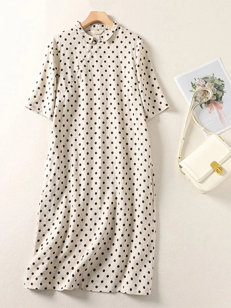 Summer Vintage Polka Dot Cotton Lin Short Sleeve Women's Dress Loose Slimming Gown Side Buttoned Midi Skirt A-Line Dress