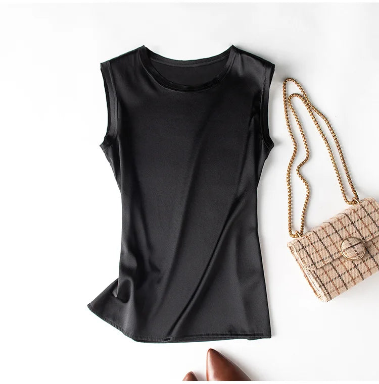 Heavy Silk Women's Sleeveless Top T-shirt Autumn Silk Top Silk Satin Bottom Top Solid Color T-shirts Satin Shirts for Women