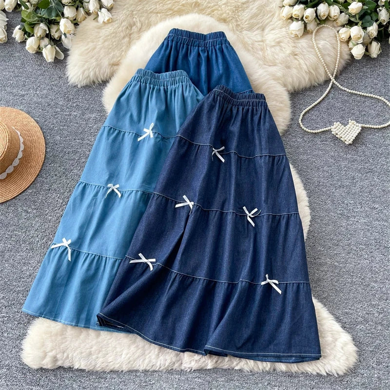 Karofi Vintage Cotton Layered Denim Skirt Women Elastic High Waist Bow Detail Flowy Long Casual A Line Long Midi Skirt