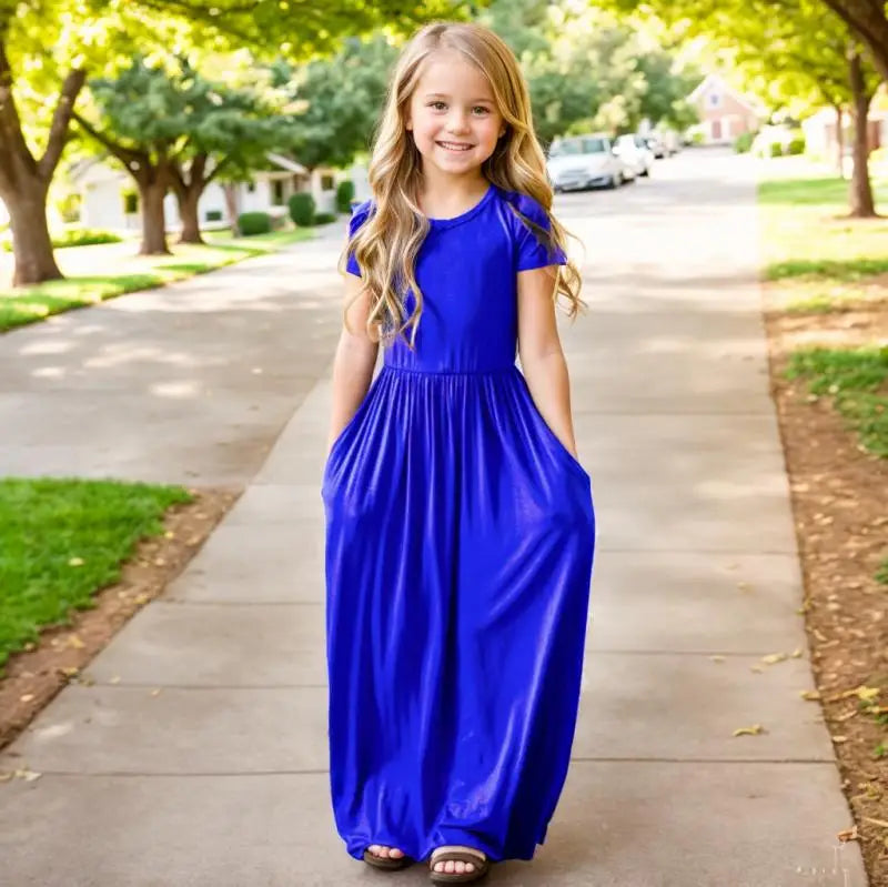 Summer Girls New Solid Color Short Sleeved Long Dress Beach Party Birthday Casual Fashion Show Versatile A-Line Dress