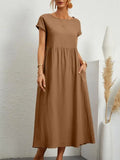 Customizable Fashion Solid Dress Women Cotton Linen O-Neck A-line Dress