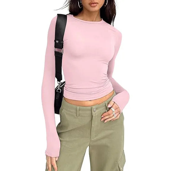 1pcs Woman Clothing Long Sleeve T-shirt Slim Fit Top Female O-Neck Knitted Sheath Tee Shirt Street Wear Sexy Sport Solid Tshirt