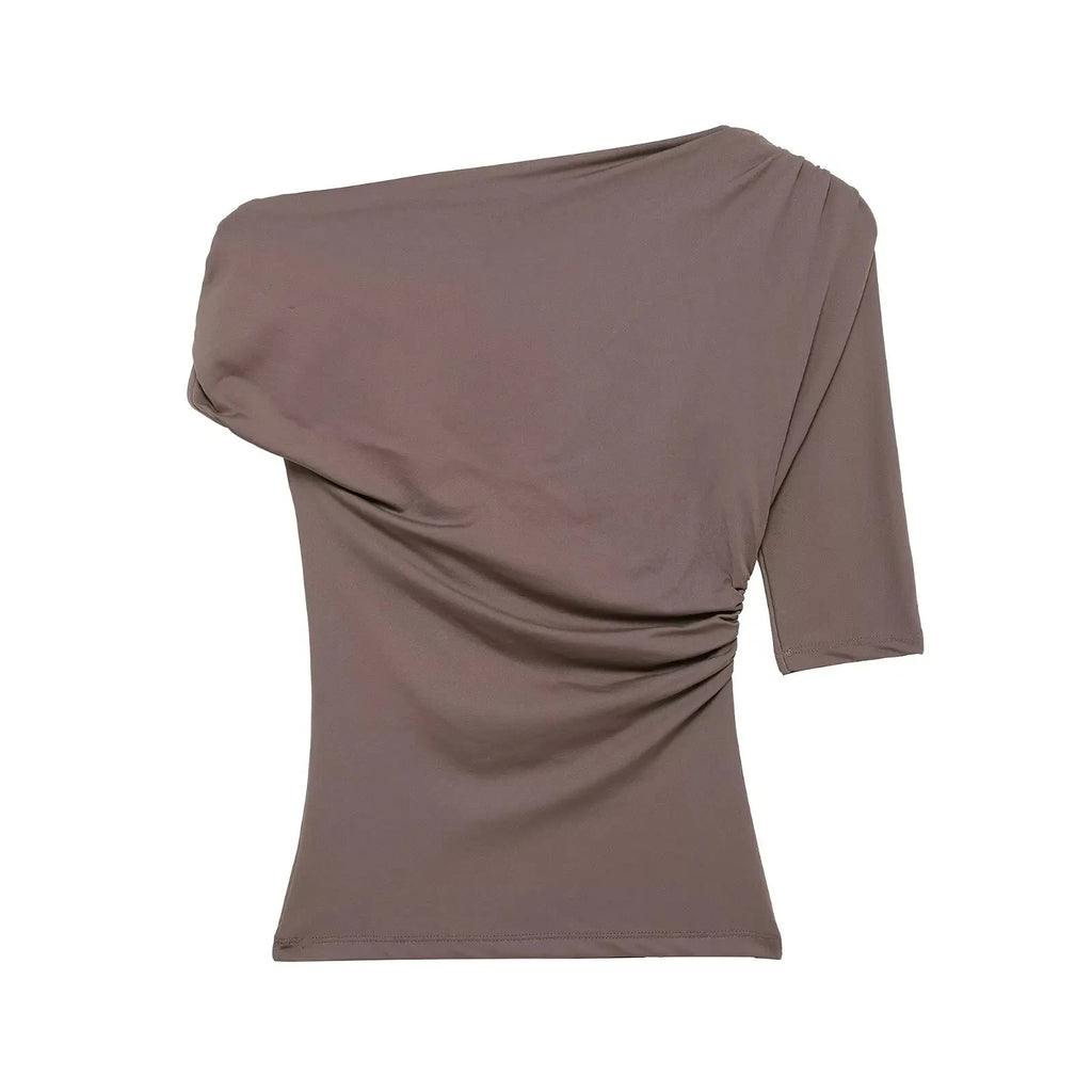 HH Women Pleated Short Sleeve Solid Slim Tops Summer Sexy Chic Asymmetrical Off Shoulder Vintage T-Shirts High Street Outfits