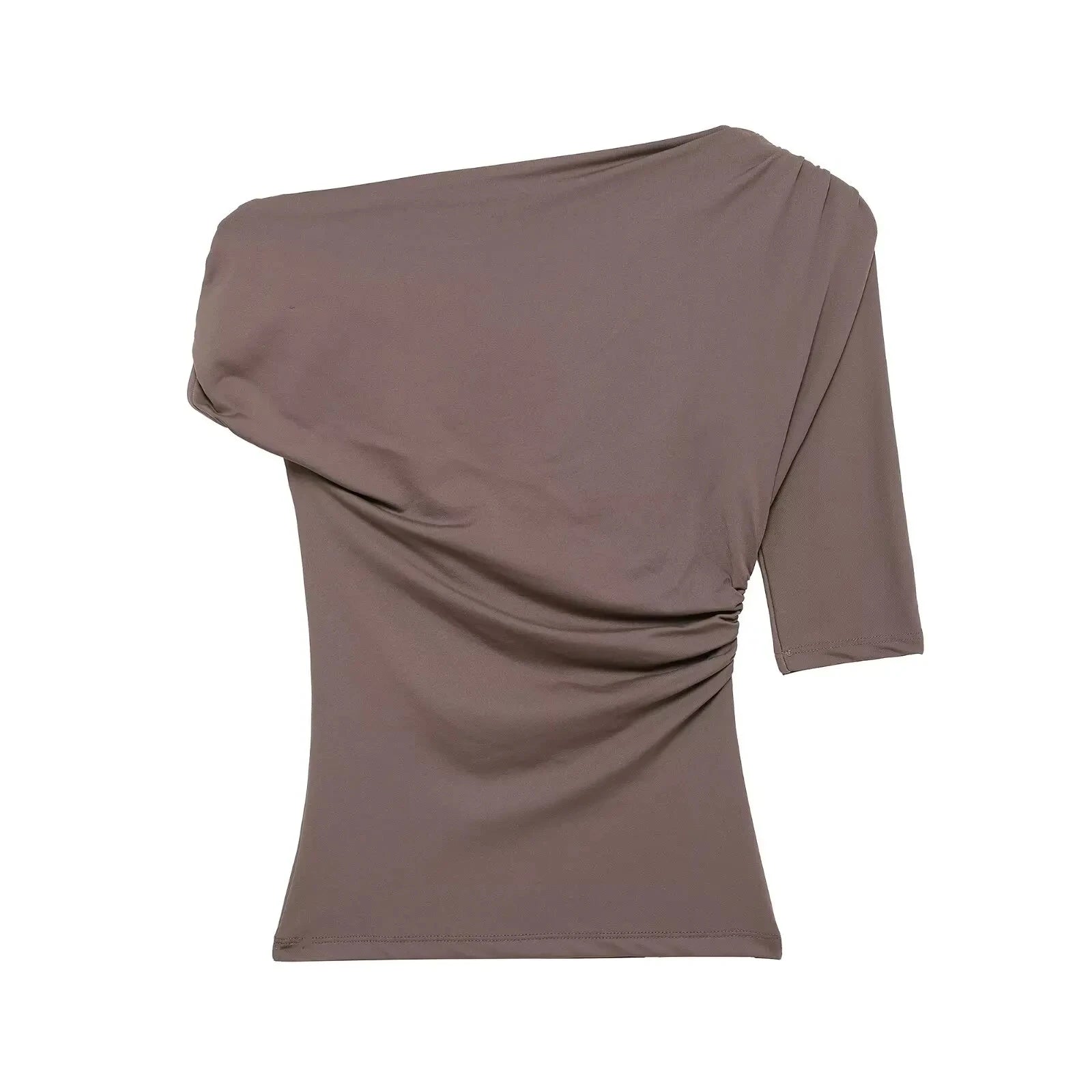 HH Women Pleated Short Sleeve Solid Slim Tops Summer Sexy Chic Asymmetrical Off Shoulder Vintage T-Shirts High Street Outfits