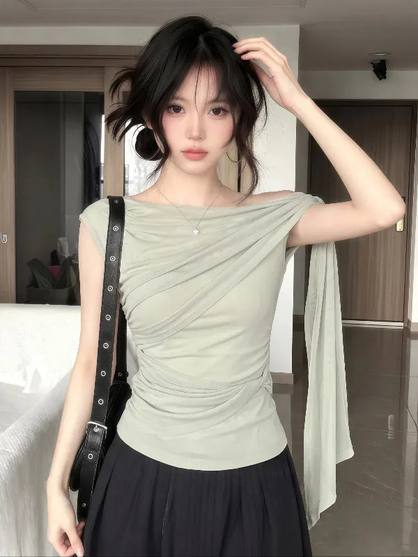 Elegant plus Size Women's T-Shirt Shoulder Bared Slim Fit Summer New Style Korean Version Commute Style Short Sleeve Top