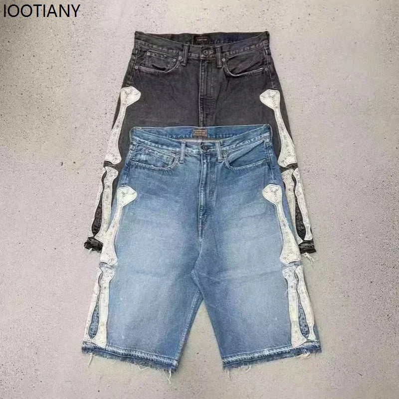 Y2k Retro Harajuku Denim Shorts Women's Washed Patchwork Tassel American Retro Jeans Men's Loose Hip-hop Bone Denim Shorts 2025