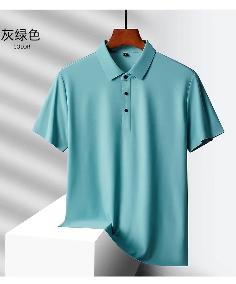 Summer Ice Silk Quick Drying Loose Polo Shirt Middle Aged Men's Solid Lapel Button Simple Versatile Casual Thin Short Sleeve Top