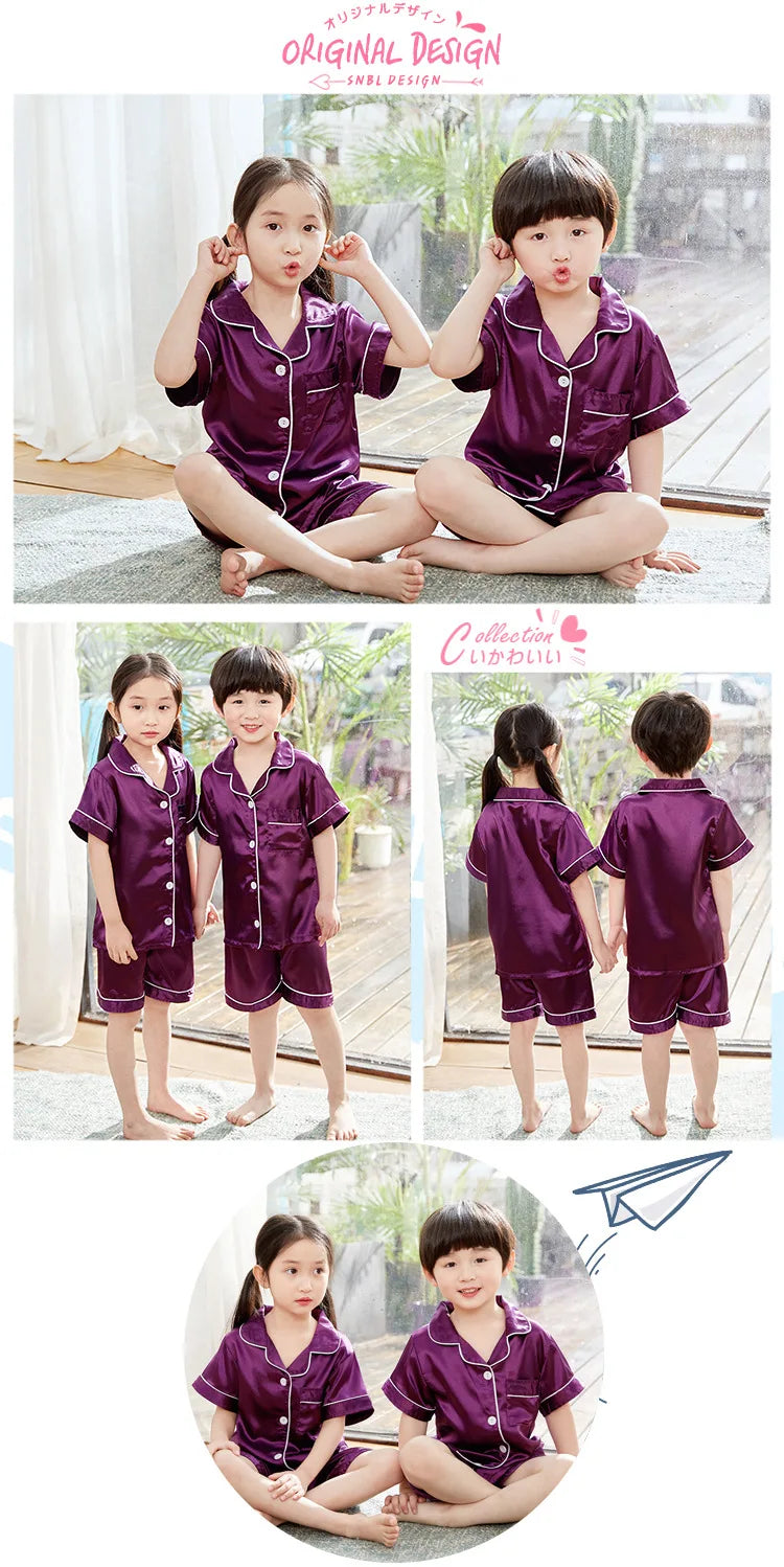 Purple Satin Pajamas Sets for Girls Outfit Sleepwear Set Silk Short Sleeve Pijama Toddler Boy Children's Clothing Kids Home Wear