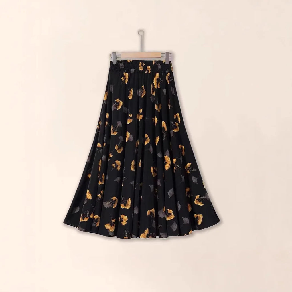 Slimming Ice Silk Elastic Waist Long Skirt Casual Fashion Print Women's Half Skirt Length 83cm Sun Dress A- Line Skirt