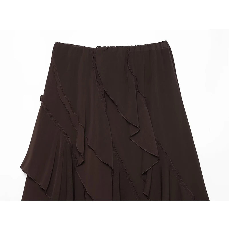 Women's Skirts Summer 2026 New Brown Ruffled Elastic Waist Skirts Women's Fashion Elegant Office Youth Summer Skirts Street