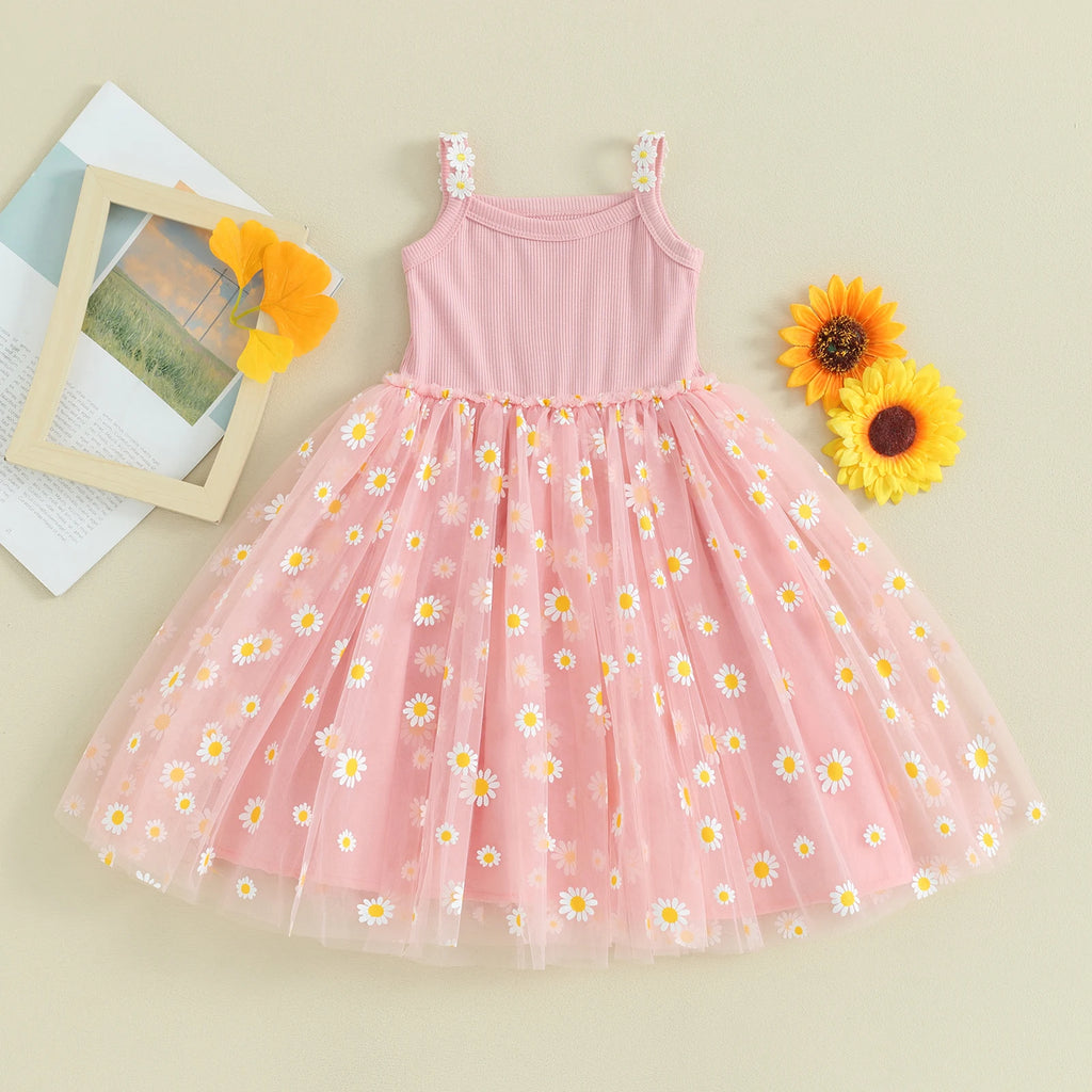 Baby Girls Daisy Mesh Patchwork Princess Dress A Line Sleeveless Lightweight Breathable Beach Party