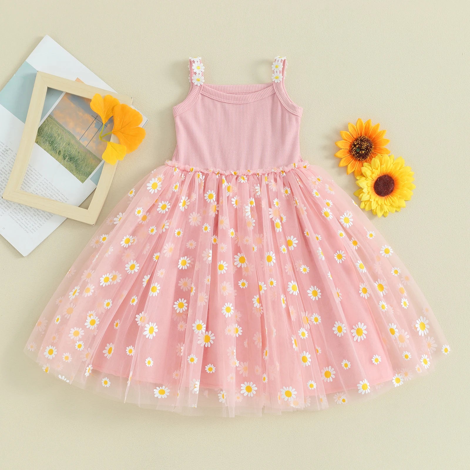 Baby Girls Daisy Mesh Patchwork Princess Dress A Line Sleeveless Lightweight Breathable Beach Party