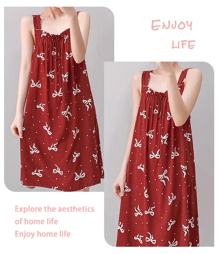 Korean Version of the Girl Sweet Summer Halter Nightgown Female Bowknot Full Print Sleeveless Loose Floral Sundress Home Dress