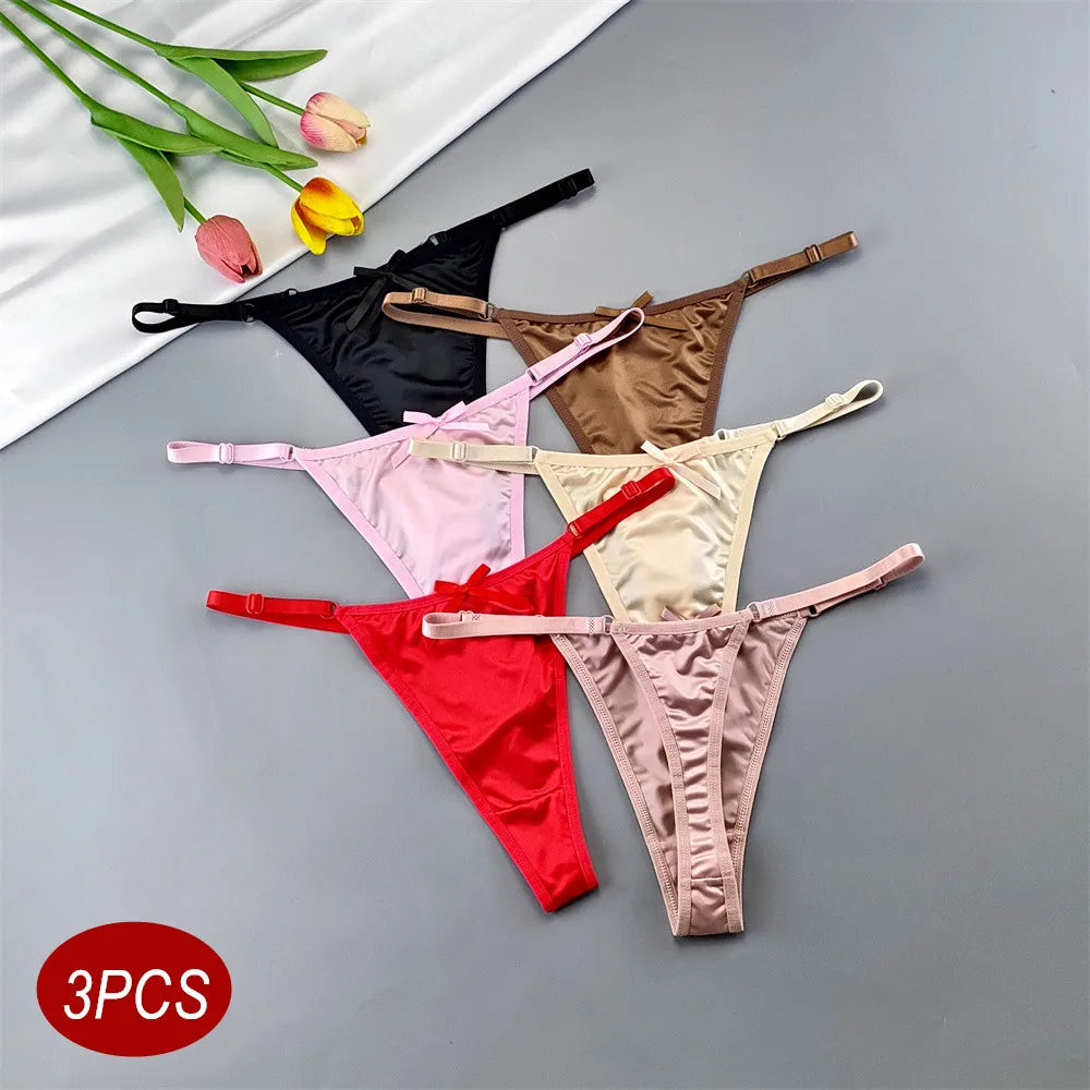 3pcs Sexy Satin Silk Underwear Panties Woman Adjustable Low Waist G Strings Plus Sizes Thong Elastic Waist Culotte Femme