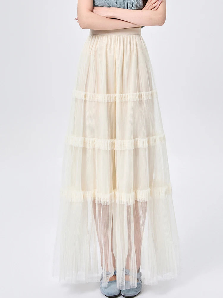 Women's Skirt Spring Summer Tiered Tulle High Waist Ruffle Hem A-Line Pleated Maxi Layered Mesh Cake Skirt Female Faldas SK120