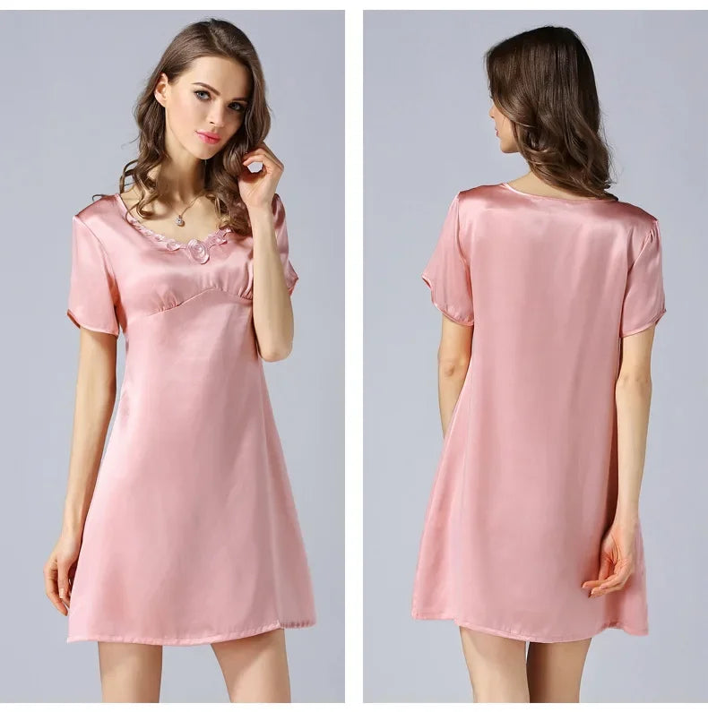 Women's 2023 Spring/Autumn Silk Pajamas 100%Natural Mulberry Silk Short Sleeved Nightdress Noble Silk Home Clothes Pajamas
