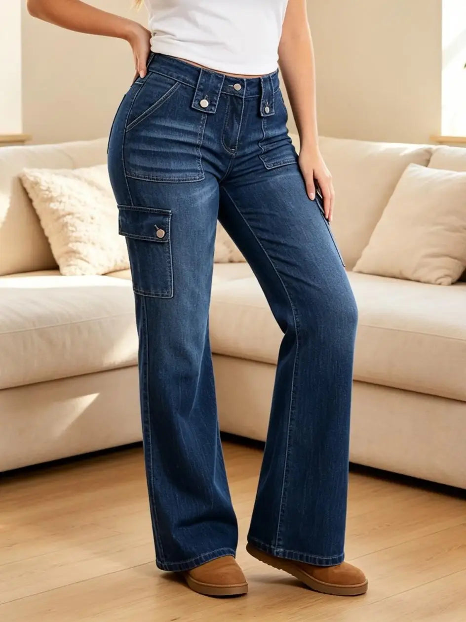 【HME】Jeans | Retro Y2K Flare Denim Pants For Women, Mid-Rise Cargo Denim Jeans With Large Front Patch Pockets, Decorative Belt Loops & Side Flap Pockets, Medium Wash Casual Pants For Street Fashion Looks