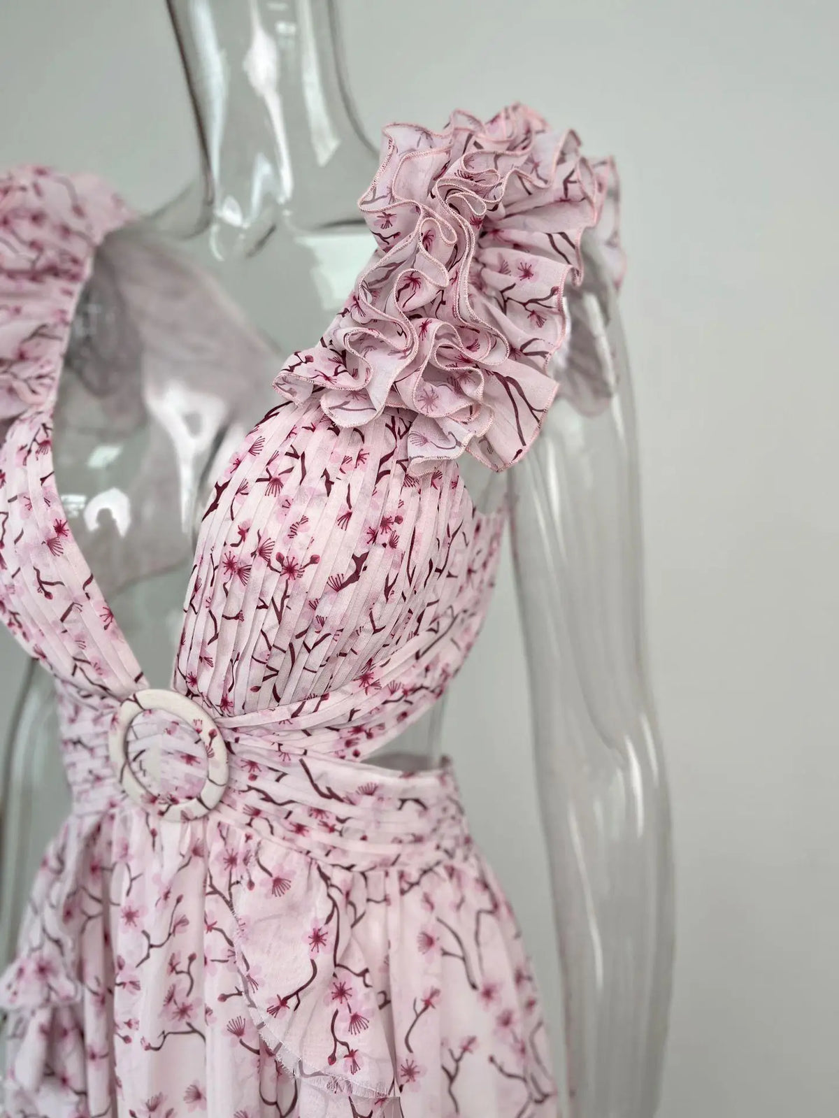 Deep V-Neck Backless Slim Fit Ruffled Floral Dress Summer Vacation Sexy Print Long Dress