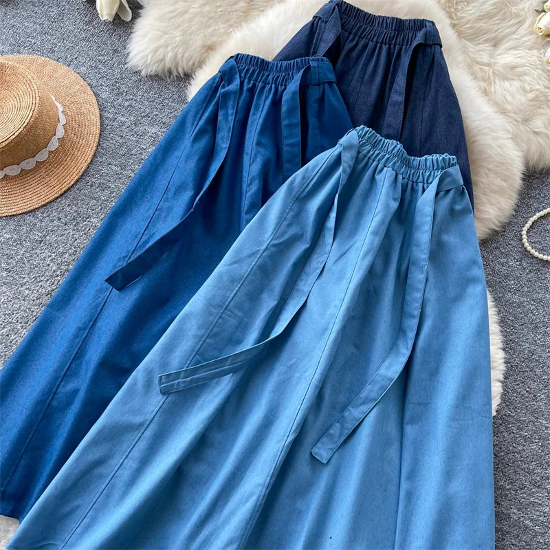 KAROFI Women Bow Tie Elastic Waist Denim Long Skirt Korean A Line Flowy Midi Jeans Skirt Casual Loose Vintage Blue Maxi Skirts