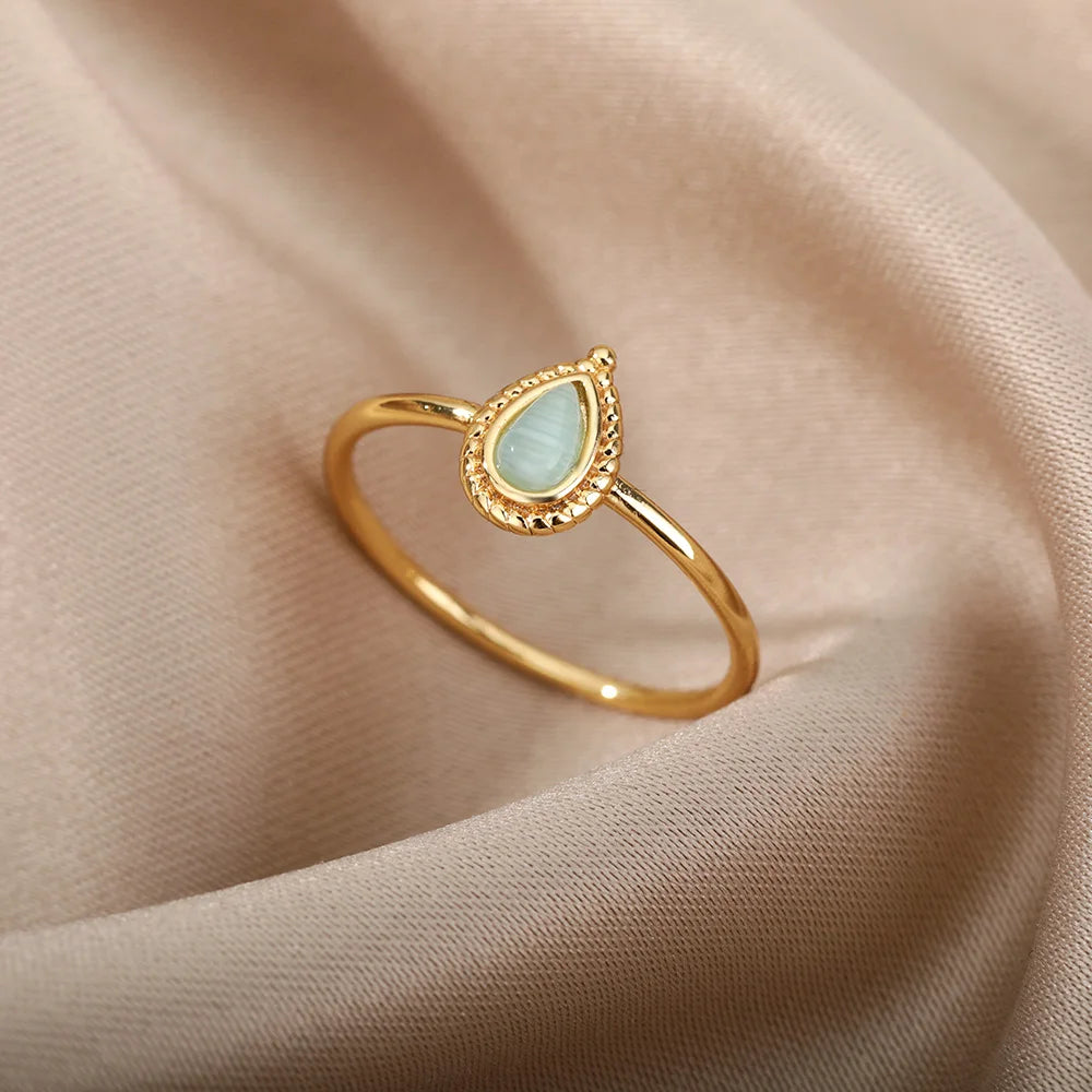Stainless Steel Opal Rings For Women'S Aesthetic Water Drop Gold Color Wedding Ring Waterproof Jewelry Finger Accessories Gifts