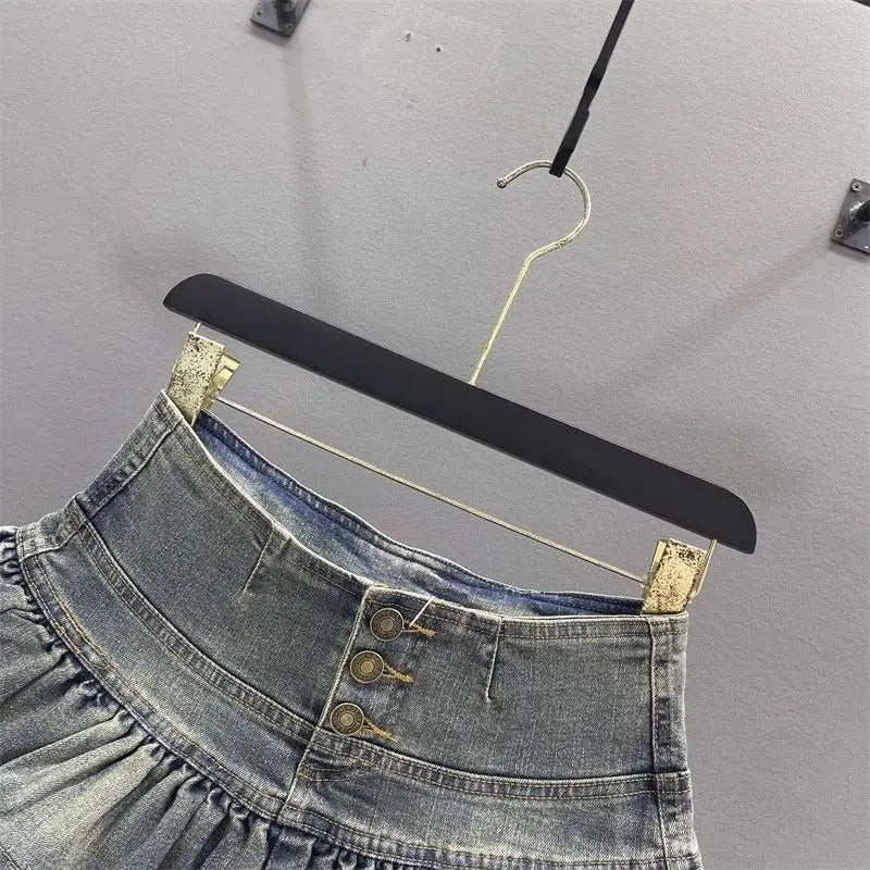 Vintage Denim Pleated Skirt Woman LaceDesign A-line Y2k Mini Skirt Streetwear  American Spicy Girl Korea Fashion Hotsweet