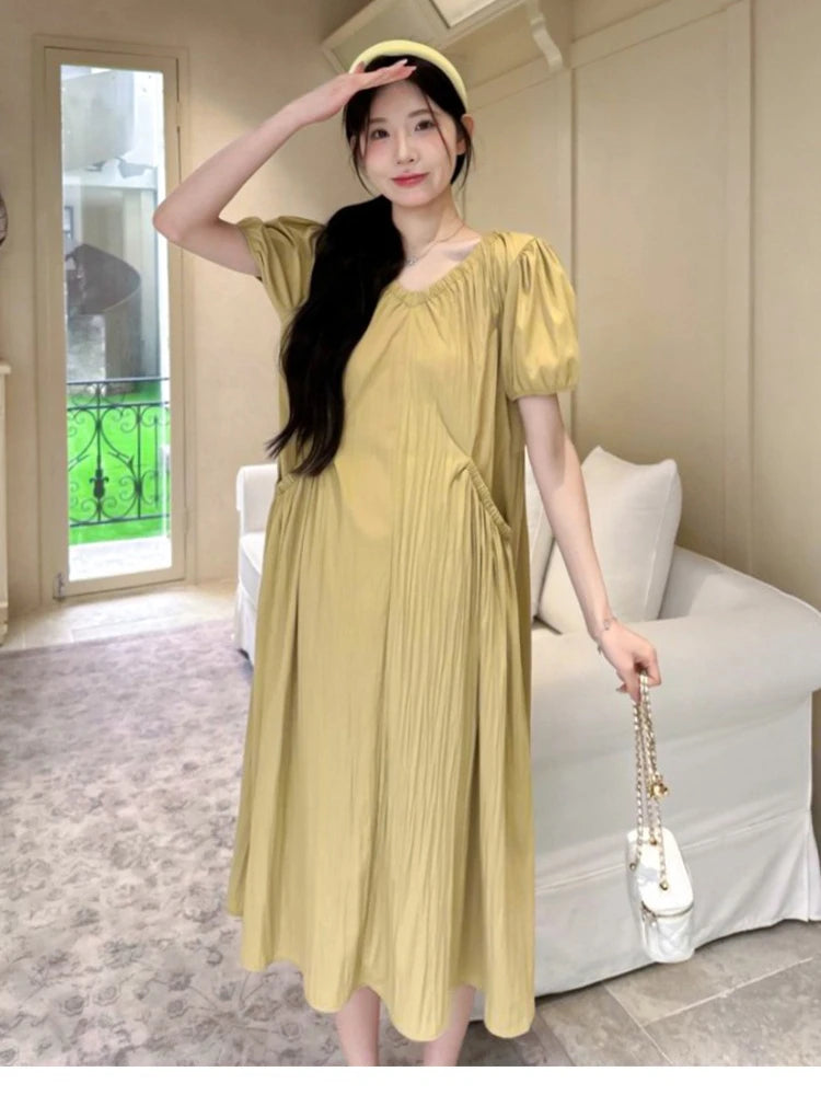 Korean Style Pregnant Woman Summer Dress with Pockets Puff Sleeve V-neck Maternity Pleated Dress