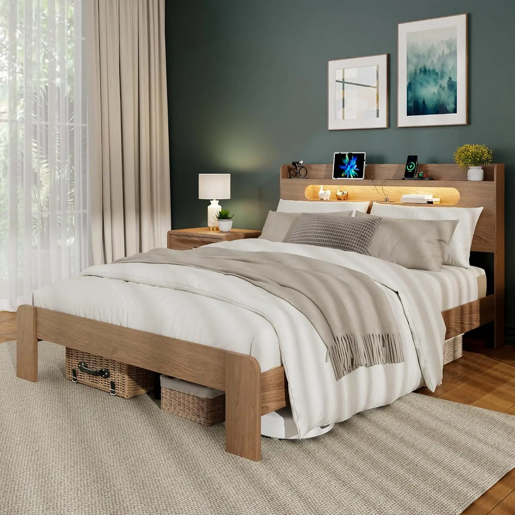 Queen Bed Frame 2-Tier Shelf Headboard Walnut LED Lights Charging Station Rustic Platform Wood Slat No Box Spring, Customized