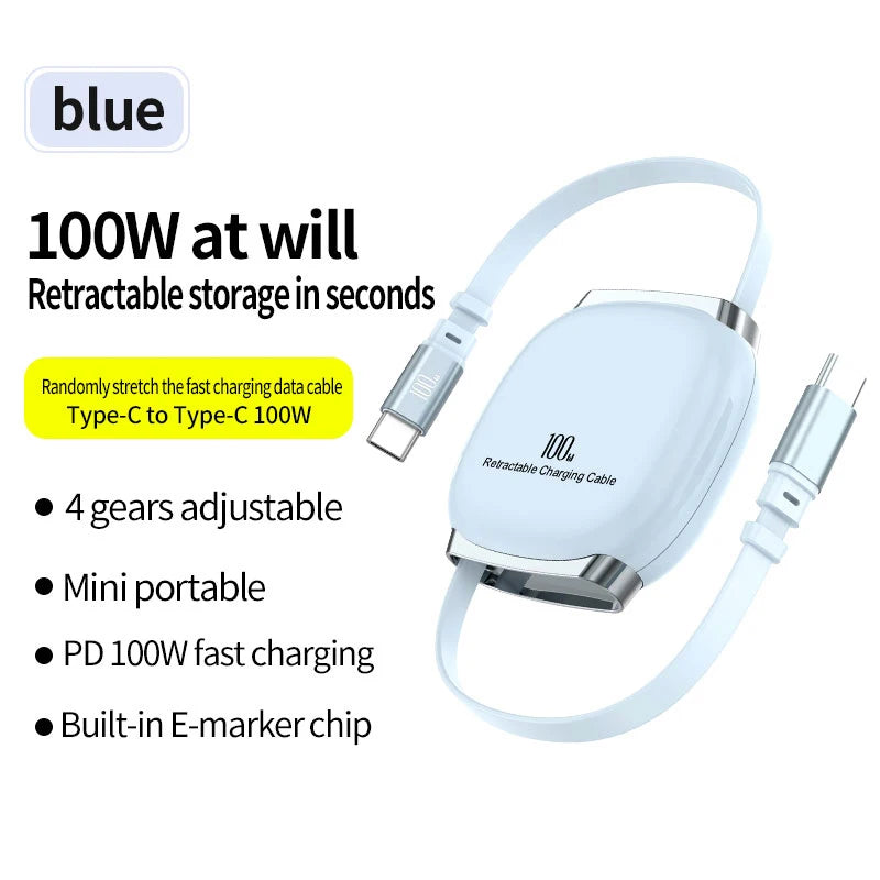 PD 100W Retractable USB-C Fast Charging Cable – iPhone & Android Compatible