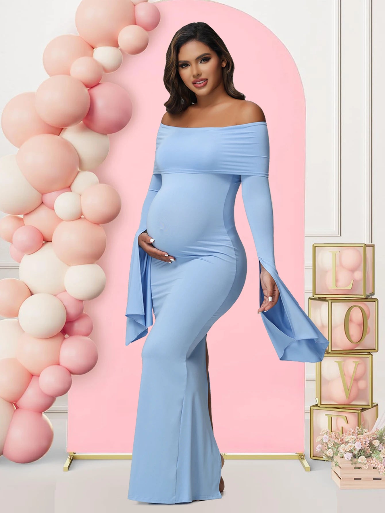 Off - Shoulder Bodycon Maternity Maxi Gown | Baby Shower Photoshoot