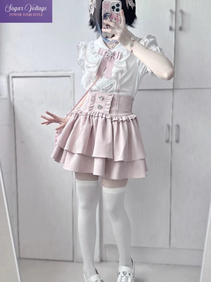 Japanese Cute Sweet Y2k Lolita Cake Skirt Women Hight Waist Rhinestone Plaid Ruffled Layered Skirts Kawaii A-Line Mini Skirts