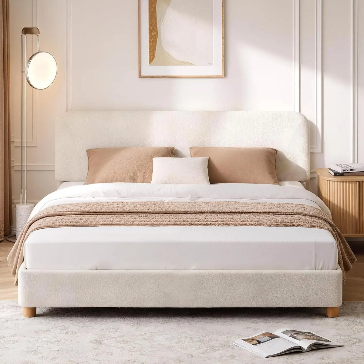 Queen Size Cloud Bed Frame, Soft Boucle Bed Frame with Adjustable Headboard, Solid Wood Legs, Rounded Corners, Customized
