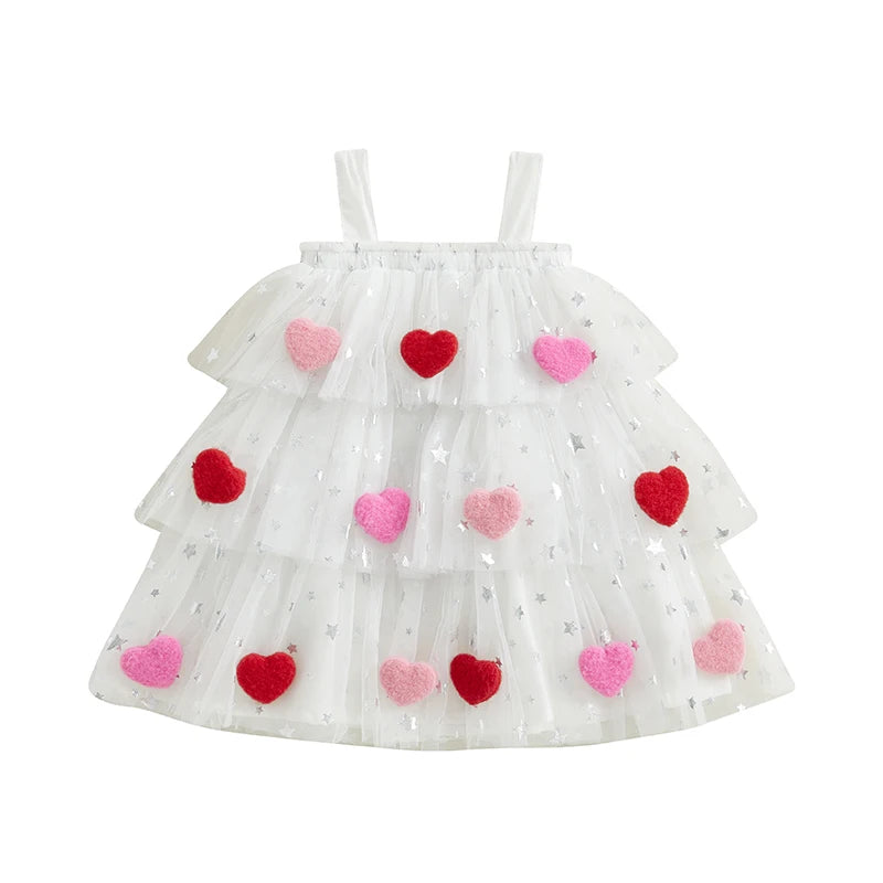1-9Y Cute Kids Girl Tulle Mesh Lace Dress Bow Front Heart Sleeveless Layered Tulle Dress Plush Heart Ball Cake Dress Costume