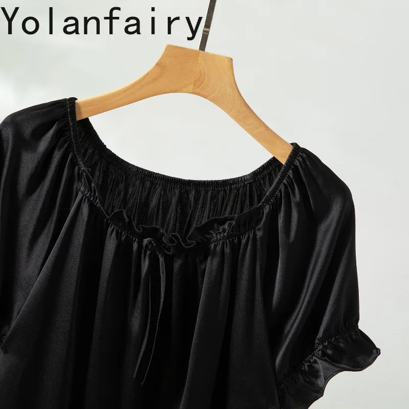YOLANFAIRY 93% Real Mulberry Silk Pajamas for Woman 2026 Spring Summer High-end Sets Woman 2 Piece Short Sleeve Pijamas De Mujer