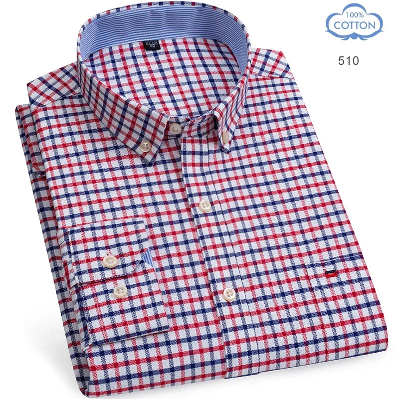 100 Percent Cotton Oxford Shirt For Men Long Sleeve Plaid Pattern Business Office Wear Smart Casual