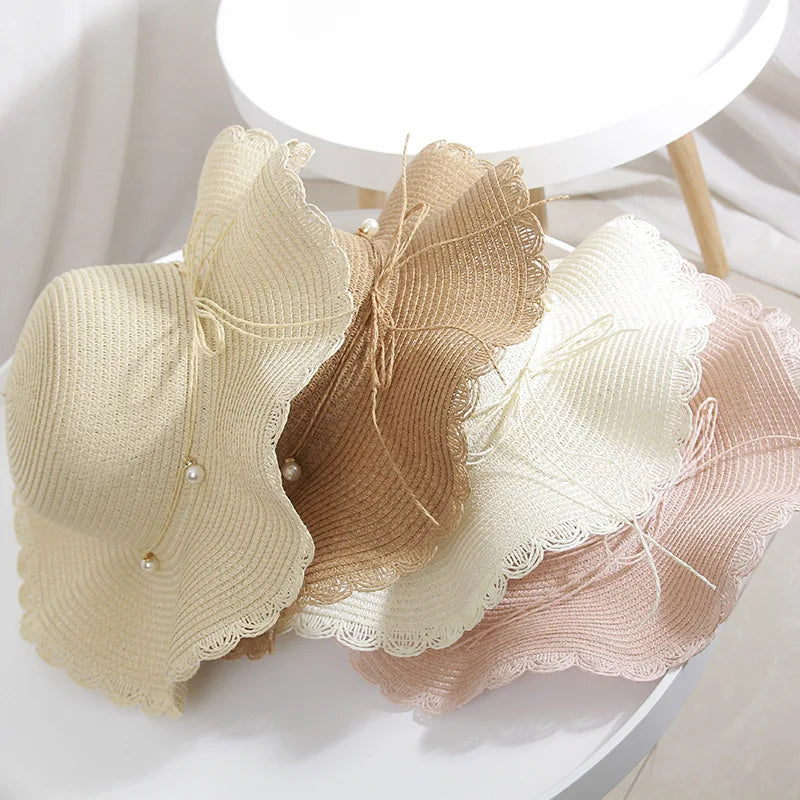 Summer New Children's Sun Hat Kids Wave Large Brimmed Straw Hat and Bag Sets Girls Sunscreen Beach Hats Baby Hand-knitted Cap