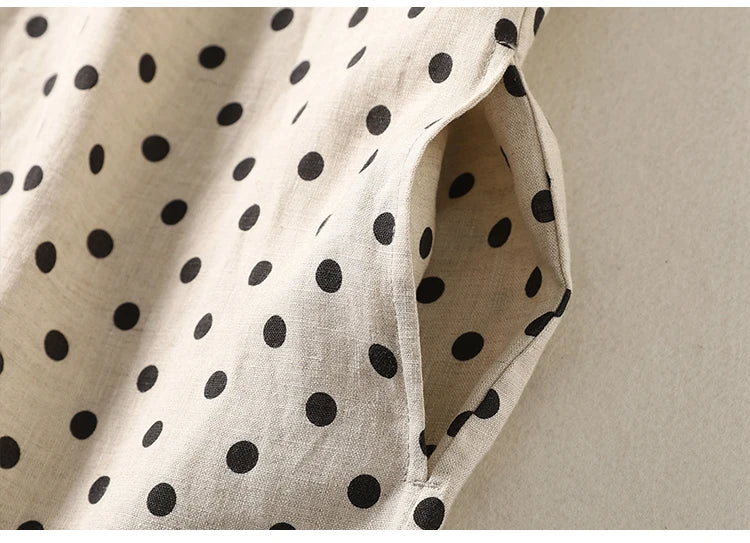 Summer Vintage Polka Dot Cotton Lin Short Sleeve Women's Dress Loose Slimming Gown Side Buttoned Midi Skirt A-Line Dress