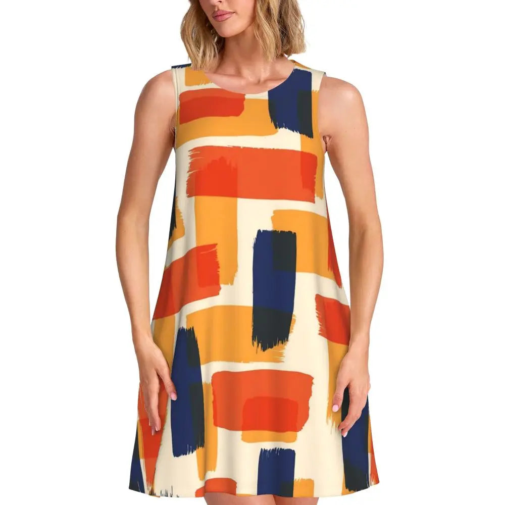 Gold Chains Print Casual Dress Anchor Korean Fashion Dresses Sleeveless Elegant Dress New Arrival Round Neck Lady Print Vestidos
