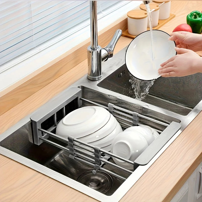 Fregadero de Cocina Escurridor de Acero Inoxidable Escurridor Extensible para Platos Cesta de Drenaje para Lavar Frutas y Verduras Estante de Almacenamiento