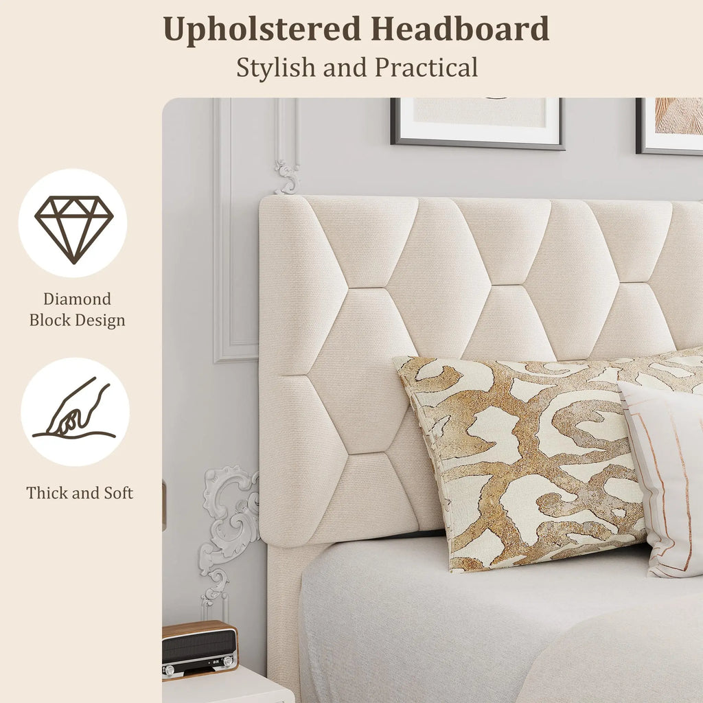 Upholstered Platform Bed Frame with Padded Headboard - Heavy-Duty Wood Slat Support, Noise-Free Non-Slip, No Box Spring Needed, Easy Assembly - KING
