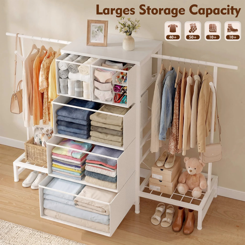 3-in-1 Dresser & Hanging Rack – 57.8" Wide with 5 Drawers & Shoe Rack, Side Hooks for Bedroom Storage and Walk-in closet