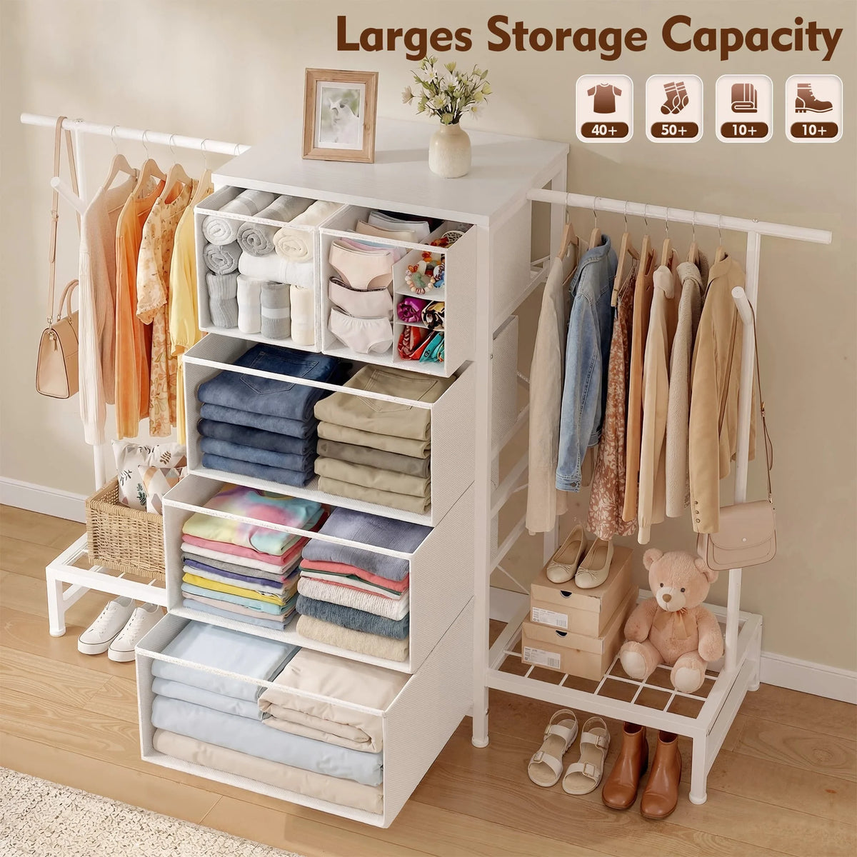 3-in-1 Dresser & Hanging Rack – 57.8" Wide with 5 Drawers & Shoe Rack, Side Hooks for Bedroom Storage and Walk-in closet
